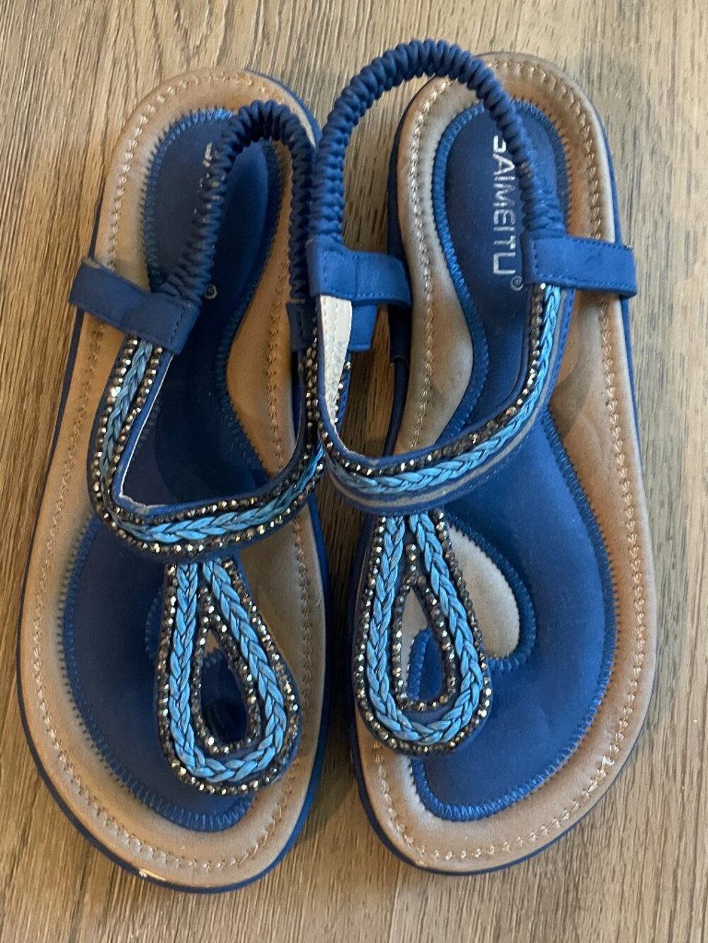 Saimetu Women's Blue Tan Studded Sling Back Sandal Shoes 39/8 Beach Resort!